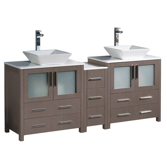 Fresca FCB62-301230GO-CWH-V Torino 72" Gray Oak Modern Double Sink Bathroom Cabinets with Tops & Vessel Sinks