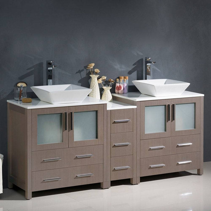 Fresca FCB62-301230GO-CWH-V Torino 72" Gray Oak Modern Double Sink Bathroom Cabinets with Tops & Vessel Sinks