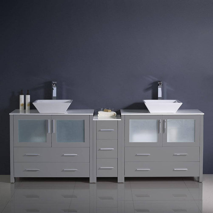 Fresca FCB62-361236GR-CWH-V Torino 84" Grey Modern Double Sink Bathroom Cabinets with Tops & Vessel Sinks