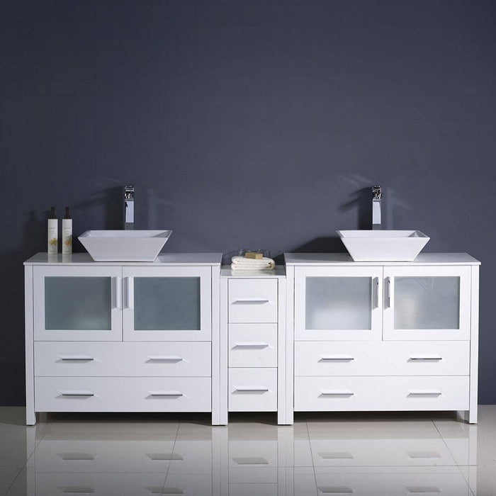 Fresca FCB62-361236WH-CWH-V Torino 84" White Modern Double Sink Bathroom Cabinets with Tops & Vessel Sinks