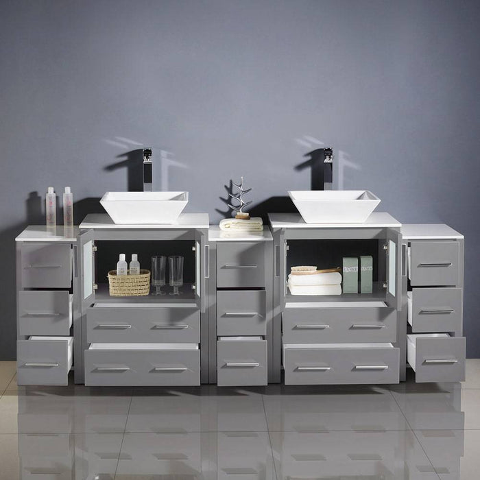 Fresca FCB62-72GR-CWH-V Torino 84" Grey Modern Double Sink Bathroom Cabinets with Tops & Vessel Sinks