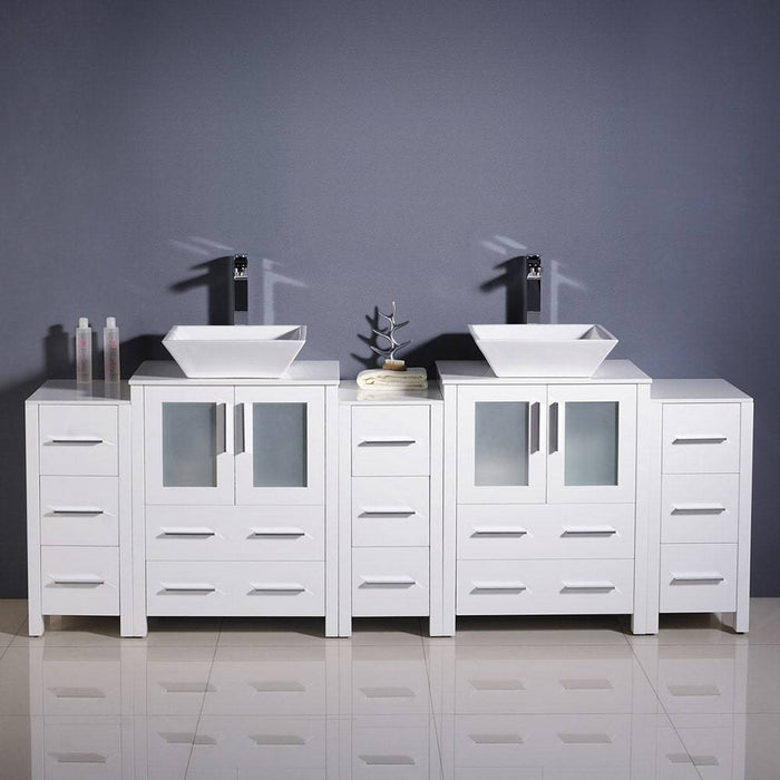 Fresca FCB62-72WH-CWH-V Torino 84" White Modern Double Sink Bathroom Cabinets with Tops & Vessel Sinks