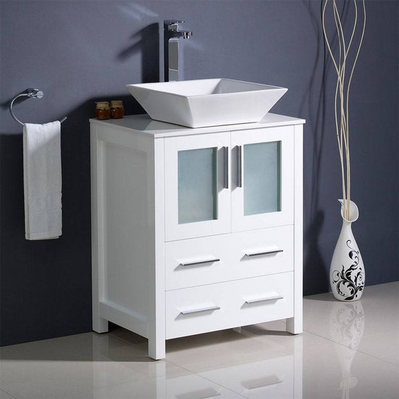 Fresca FCB6224WH-CWH-V Torino 24" White Modern Bathroom Cabinet with Top & Vessel Sink