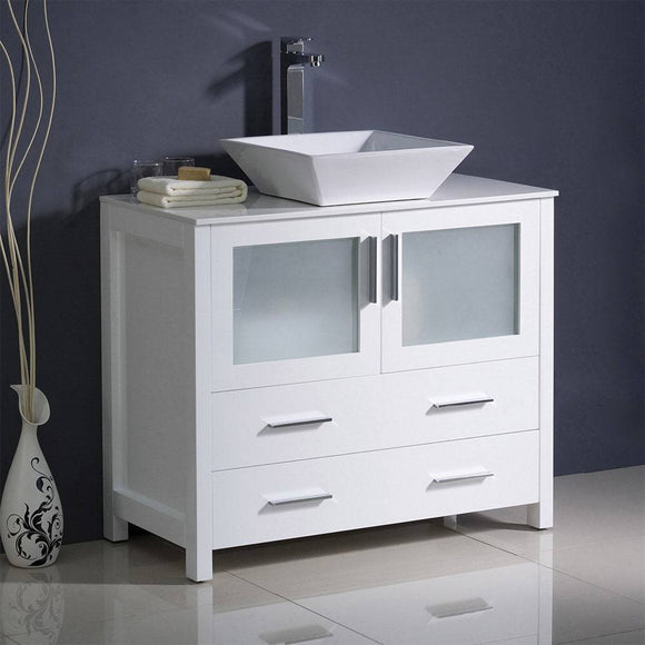 Fresca FCB6236WH-CWH-V Torino 36" White Modern Bathroom Cabinet with Top & Vessel Sink