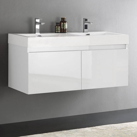 Fresca FCB8012WH-I Mezzo 48" White Wall Hung Double Sink Modern Bathroom Cabinet with Integrated Sink