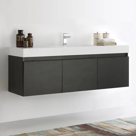 Fresca FCB8041BW-I Mezzo 60" Black Wall Hung Single Sink Modern Bathroom Cabinet with Integrated Sink
