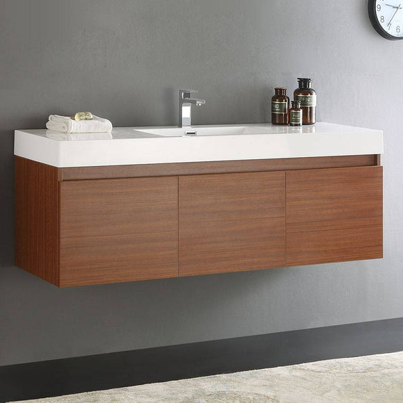 Fresca FCB8041TK-I Mezzo 60" Teak Wall Hung Single Sink Modern Bathroom Cabinet with Integrated Sink