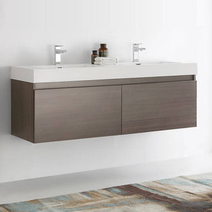 Fresca FCB8042GO-I Mezzo 60" Gray Oak Wall Hung Double Sink Modern Bathroom Cabinet with Integrated Sink