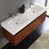Fresca FCB8042TK-I Mezzo 60" Teak Wall Hung Double Sink Modern Bathroom Cabinet with Integrated Sink