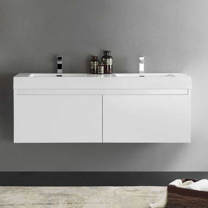 Fresca FCB8042WH-I Mezzo 60" White Wall Hung Double Sink Modern Bathroom Cabinet with Integrated Sink
