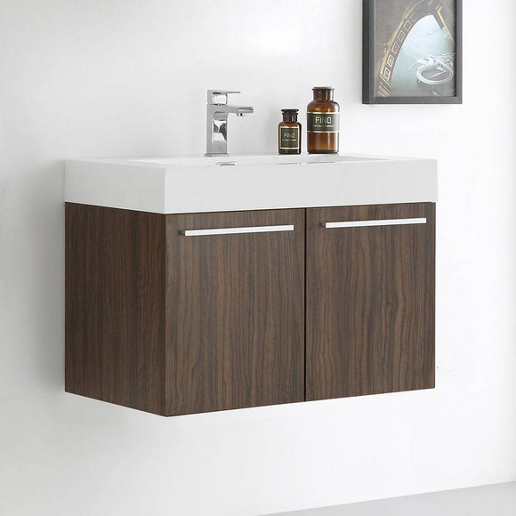 Fresca FCB8089GW-I Vista 30" Walnut Wall Hung Modern Bathroom Cabinet with Integrated Sink