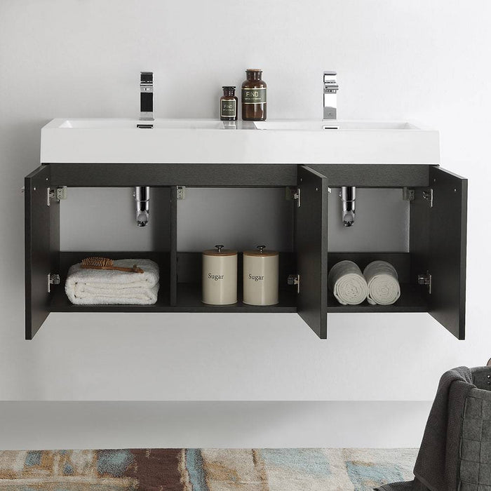 Fresca FCB8092BW-D-I Vista 48" Black Wall Hung Double Sink Modern Bathroom Cabinet with Integrated Sink