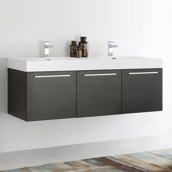 Fresca FCB8093BW-D-I Vista 60" Black Wall Hung Double Sink Modern Bathroom Cabinet with Integrated Sink