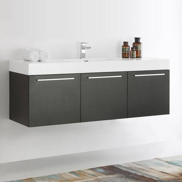Fresca FCB8093BW-I Vista 60" Black Wall Hung Single Sink Modern Bathroom Cabinet with Integrated Sink