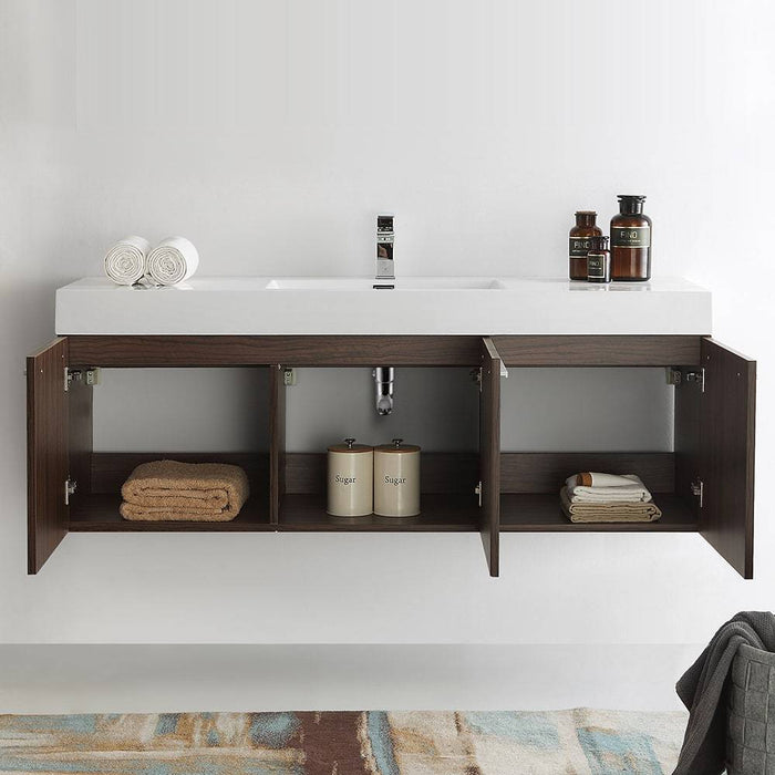 Fresca FCB8093GW-I Vista 60" Walnut Wall Hung Single Sink Modern Bathroom Cabinet with Integrated Sink