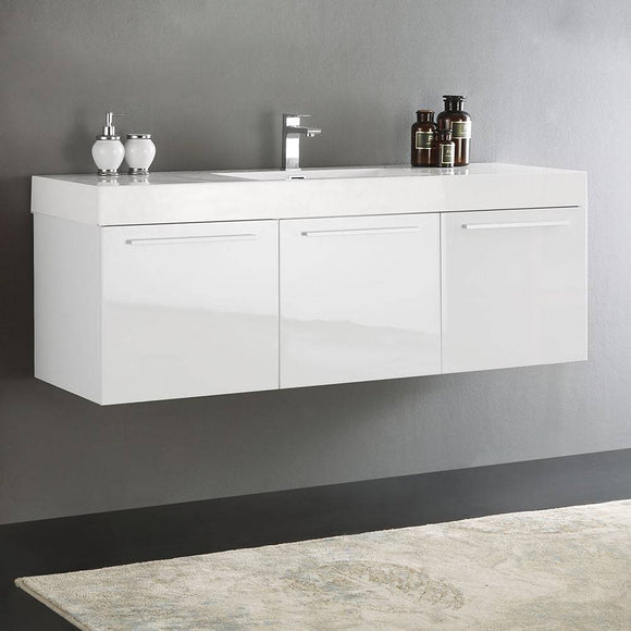 Fresca FCB8093WH-I Vista 60" White Wall Hung Single Sink Modern Bathroom Cabinet with Integrated Sink