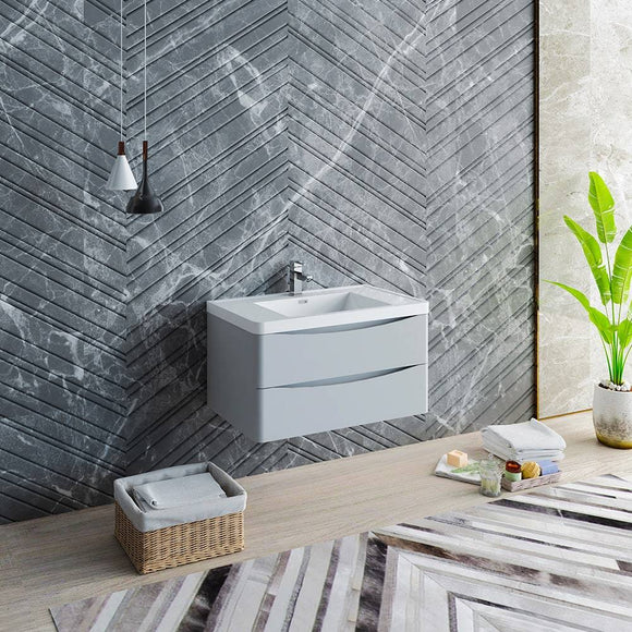 Fresca FCB9036GRG-I Tuscany 36" Glossy Gray Wall Hung Modern Bathroom Cabinet with Integrated Sink