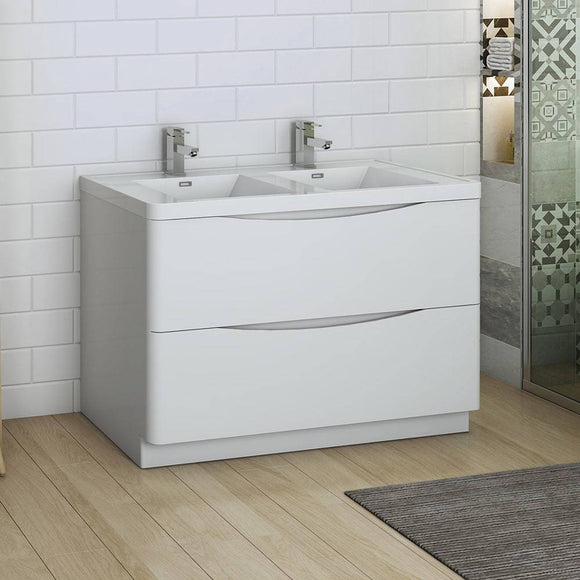 Fresca FCB9148WH-D-I Tuscany 48" Glossy White Free Standing Modern Bathroom Cabinet with Integrated Double Sink