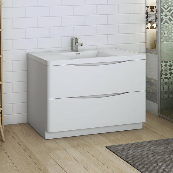Fresca FCB9148WH-I Tuscany 48" Glossy White Free Standing Modern Bathroom Cabinet with Integrated Sink