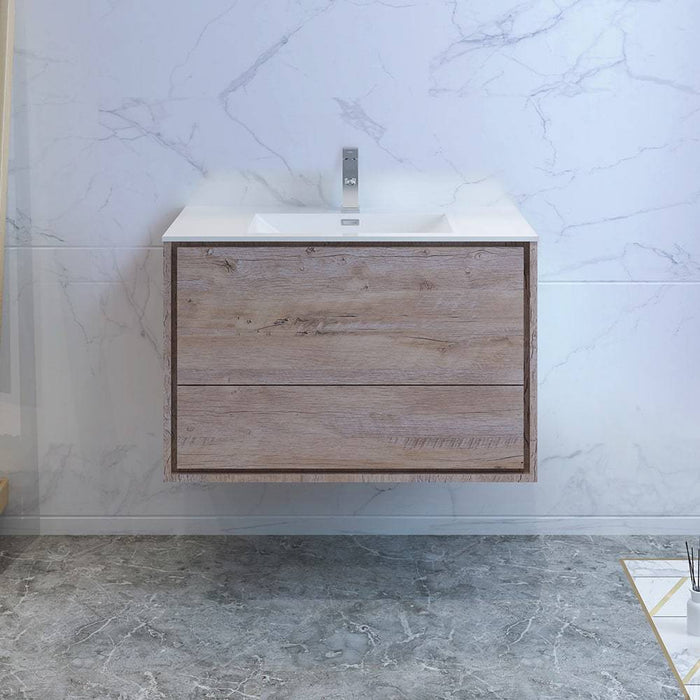 Fresca FCB9236RNW-I Catania 36" Rustic Natural Wood Wall Hung Modern Bathroom Cabinet with Integrated Sink