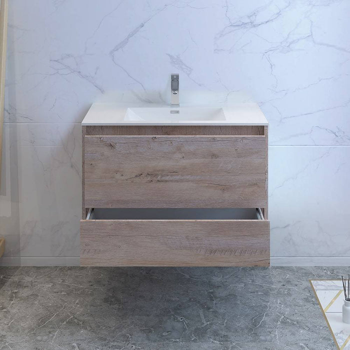 Fresca FCB9236RNW-I Catania 36" Rustic Natural Wood Wall Hung Modern Bathroom Cabinet with Integrated Sink
