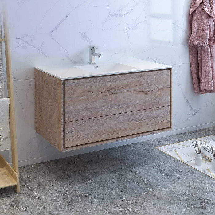 Fresca FCB9248RNW-I Catania 48" Rustic Natural Wood Wall Hung Modern Bathroom Cabinet with Integrated Sink