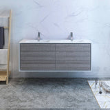 Fresca FCB9260HA-D-I Catania 60" Glossy Ash Gray Wall Hung Modern Bathroom Cabinet with Integrated Double Sink