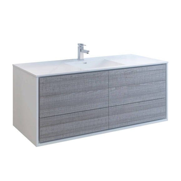 Fresca FCB9260HA-S-I Catania 60" Glossy Ash Gray Wall Hung Modern Bathroom Cabinet with Integrated Single Sink
