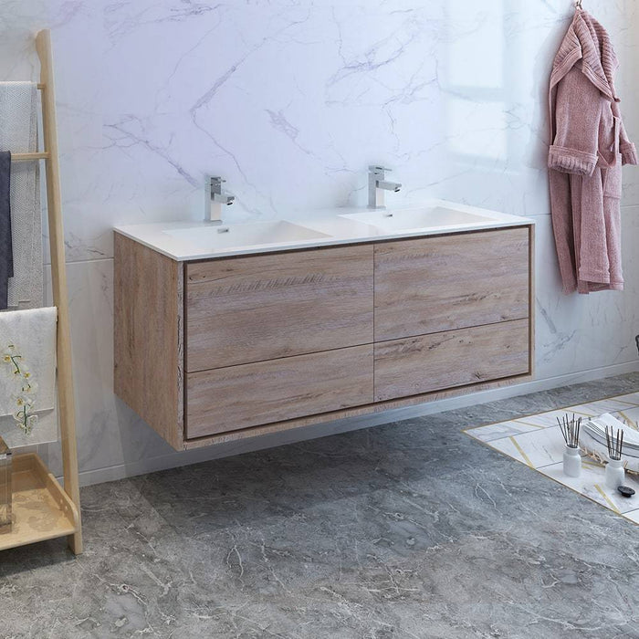 Fresca FCB9260RNW-D-I Catania 60" Rustic Natural Wood Wall Hung Modern Bathroom Cabinet with Integrated Double Sink