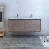 Fresca FCB9260RNW-D-I Catania 60" Rustic Natural Wood Wall Hung Modern Bathroom Cabinet with Integrated Double Sink