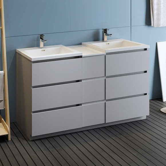Fresca FCB93-241224GR-D-I Lazzaro 60" Gray Free Standing Double Sink Modern Bathroom Cabinet with Integrated Sinks
