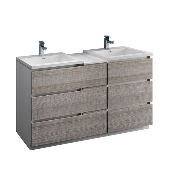 Fresca FCB93-241224HA-D-I Lazzaro 60" Glossy Ash Gray Free Standing Double Sink Modern Bathroom Cabinet with Integrated Sinks