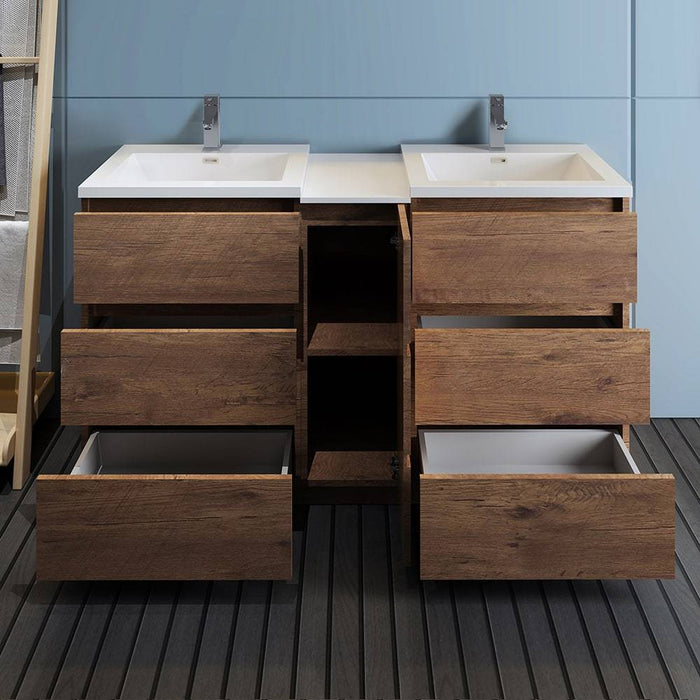 Fresca FCB93-241224RW-D-I Lazzaro 60" Rosewood Free Standing Double Sink Modern Bathroom Cabinet with Integrated Sinks