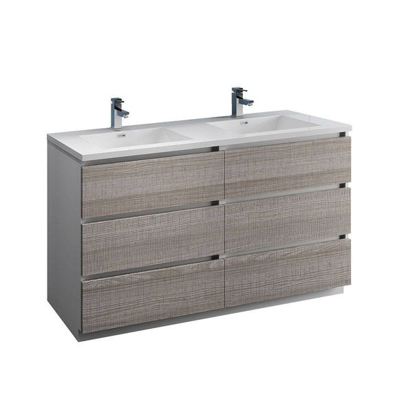 Fresca FCB93-3030HA-D-I Lazzaro 60" Glossy Ash Gray Free Standing Modern Bathroom Cabinet with Integrated Double Sink