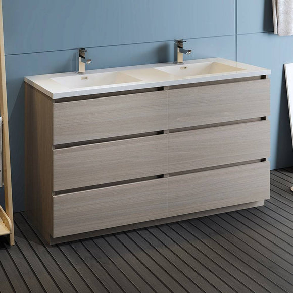Fresca FCB93-3030MGO-D-I Lazzaro 60" Gray Wood Free Standing Modern Bathroom Cabinet with Integrated Double Sink