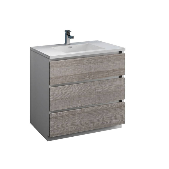 Fresca FCB9336HA-I Lazzaro 36" Glossy Ash Gray Free Standing Modern Bathroom Cabinet with Integrated Sink