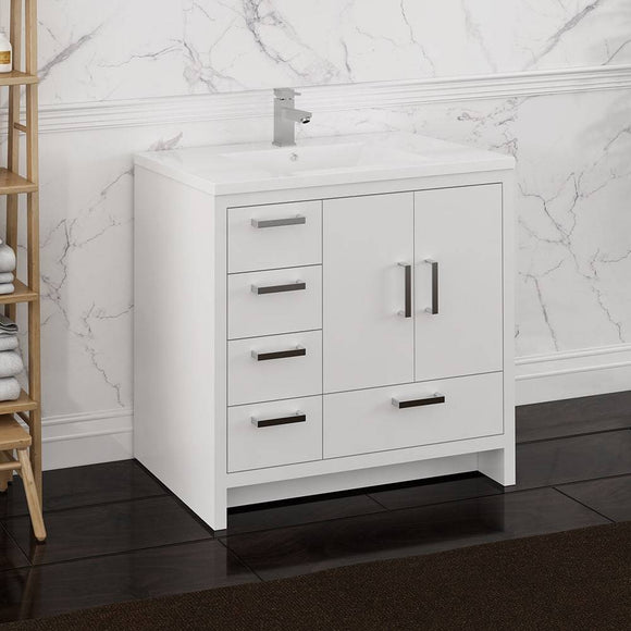 Fresca FCB9436WH-L-I Imperia 36" Glossy White Free Standing Modern Bathroom Cabinet with Integrated Sink - Left Version