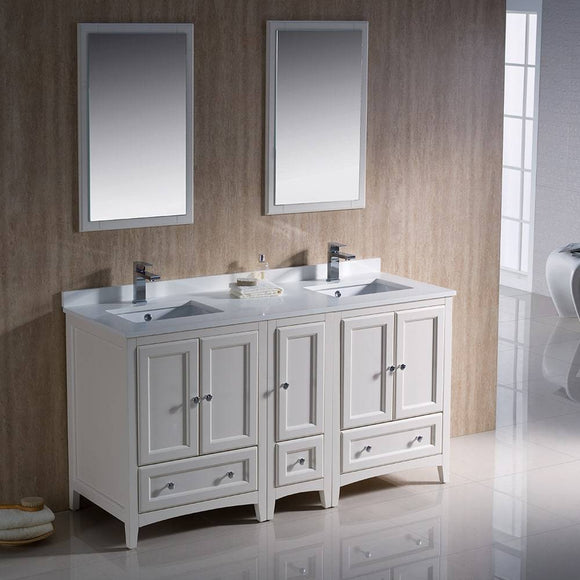 Fresca FVN20-241224AW Oxford 60" Antique White Traditional Double Sink Bathroom Vanity