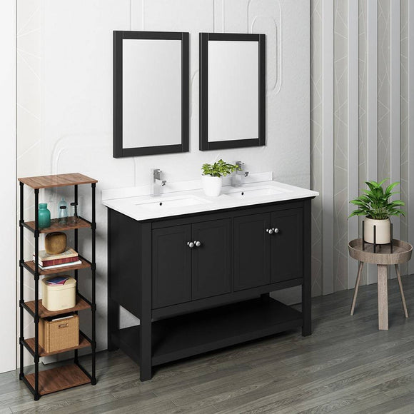 Fresca FVN2348BL-D Manchester 48" Black Traditional Double Sink Bathroom Vanity with Mirrors
