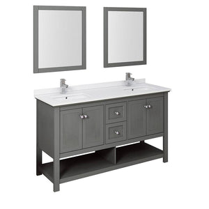 Fresca FVN2360VG-D Manchester Regal 60" Gray Wood Veneer Traditional Double Sink Bathroom Vanity with Mirrors