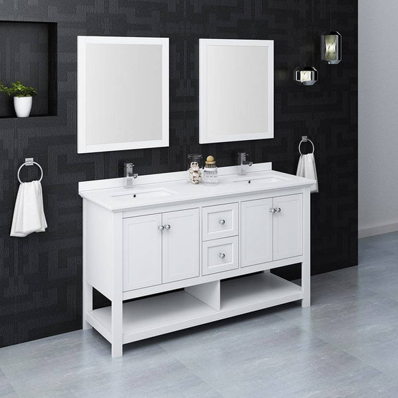 Fresca FVN2360WH-D Manchester 60" White Traditional Double Sink Bathroom Vanity with Mirrors