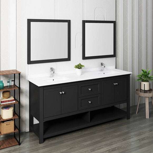 Fresca FVN2372BL-D Manchester 72" Black Traditional Double Sink Bathroom Vanity with Mirrors