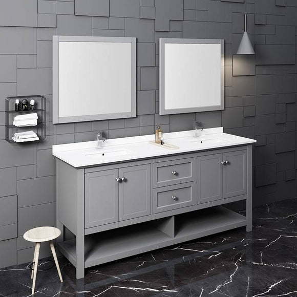Fresca FVN2372GR-D Manchester 72" Gray Traditional Double Sink Bathroom Vanity with Mirrors