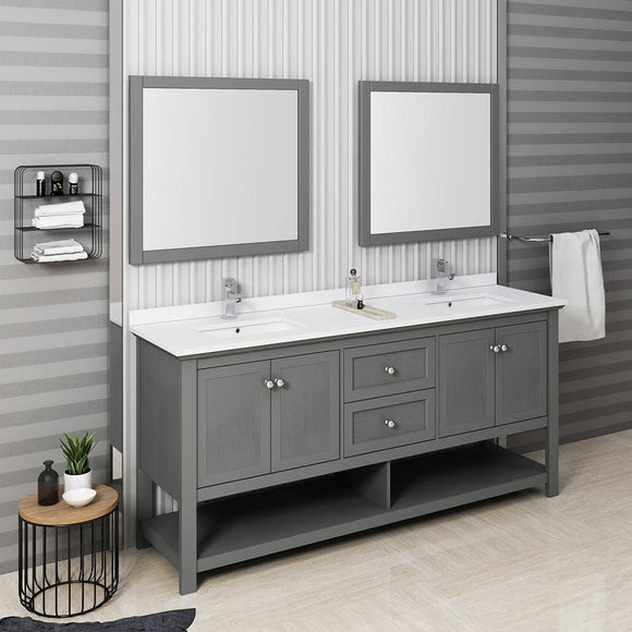 Fresca FVN2372VG-D Manchester Regal 72" Gray Wood Veneer Traditional Double Sink Bathroom Vanity with Mirrors