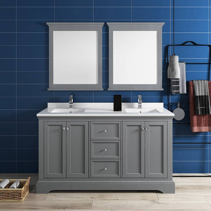 Fresca FVN2460GRV Windsor 60" Gray Textured Traditional Double Sink Bathroom Vanity with Mirrors