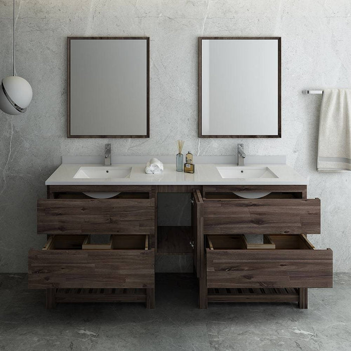 Fresca FVN31-301230ACA-FS Formosa 72" Floor Standing Double Sink Modern Bathroom Vanity with Open Bottom & Mirrors in Acacia