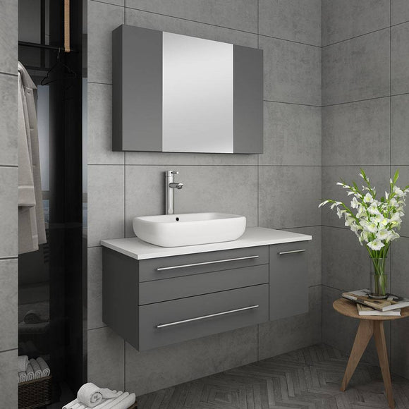 Fresca FVN6136GR-VSL-L Lucera 36" Gray Wall Hung Vessel Sink Modern Bathroom Vanity with Medicine Cabinet - Left Version