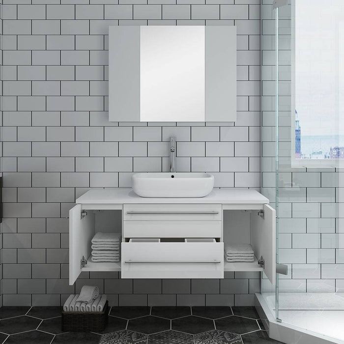 Fresca FVN6142WH-VSL Lucera 42" White Wall Hung Vessel Sink Modern Bathroom Vanity with Medicine Cabinet