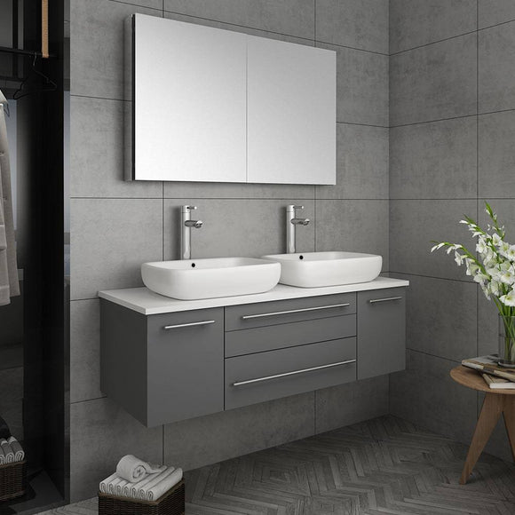 Fresca FVN6148GR-VSL-D Lucera 48" Gray Wall Hung Double Vessel Sink Modern Bathroom Vanity with Medicine Cabinet
