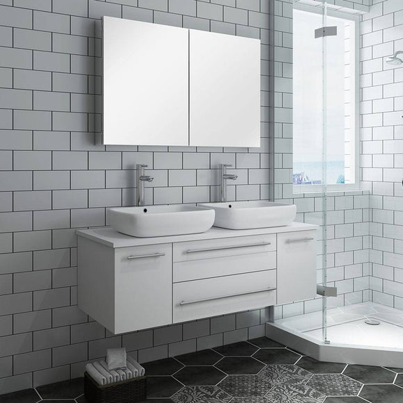 Fresca FVN6148WH-VSL-D Lucera 48" White Wall Hung Double Vessel Sink Modern Bathroom Vanity with Medicine Cabinet